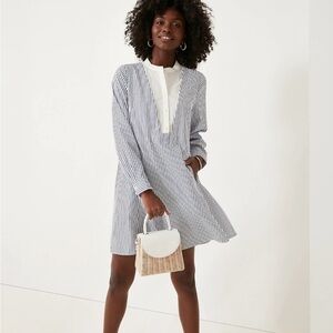 Pomander Place blue and white striped shirt dress.